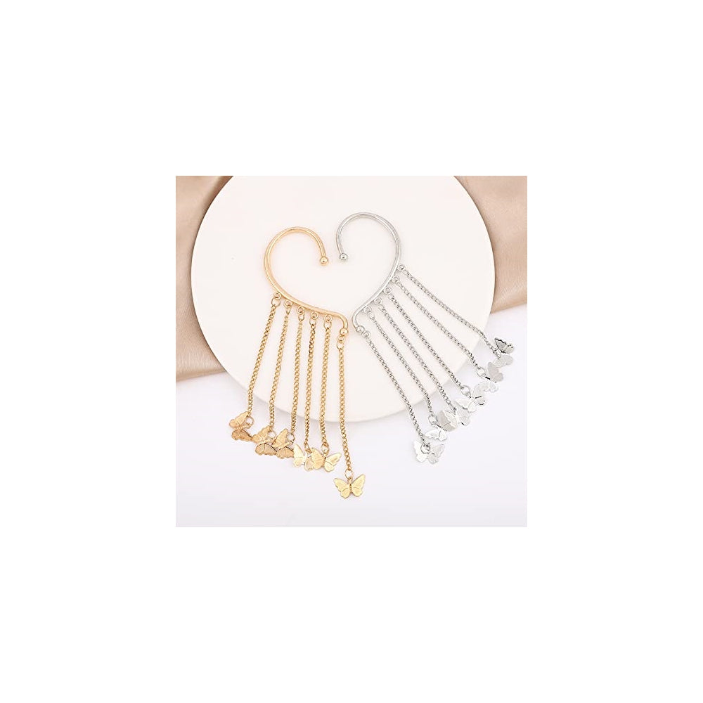 Aretes largos con borla y mariposa sin perforación