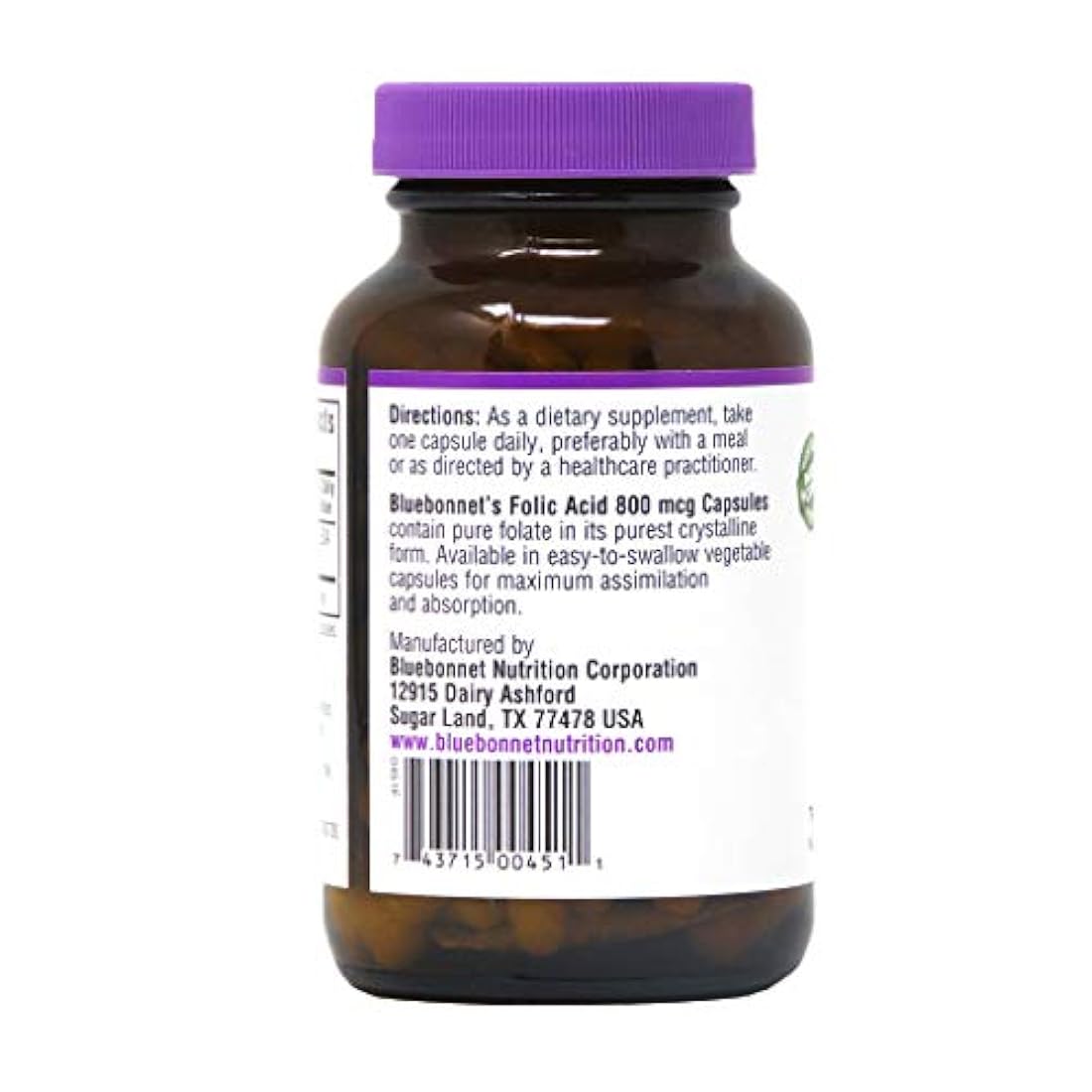 Bluebonnet Ácido fólico 800 mcg cápsulas vegetales, 180 unidades