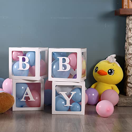 Sooyee Cajas de bebé con letras para baby shower, decoraciones de baby shower transparentes blancas, cajas de globos transparentes, telón de fondo, fiesta de cumpleaños, revelación de género, recuerdos reutilizables en caja de regalo, 4 bloques de bebé