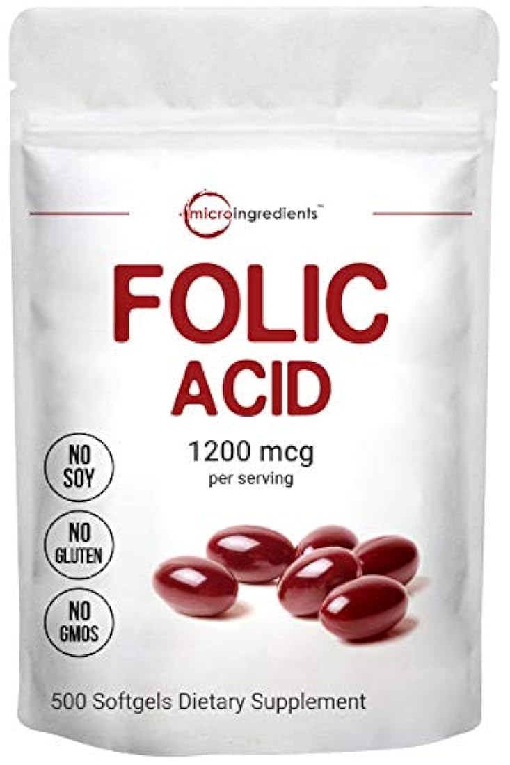 Micro Ingredientes Ácido fólico 1200mcg, 500 cápsulas blandas, Vitamina de Ácido fólico Premium, Apoya la Salud del Corazón y el Desarrollo Prenatal, sin OMG y sin gluten