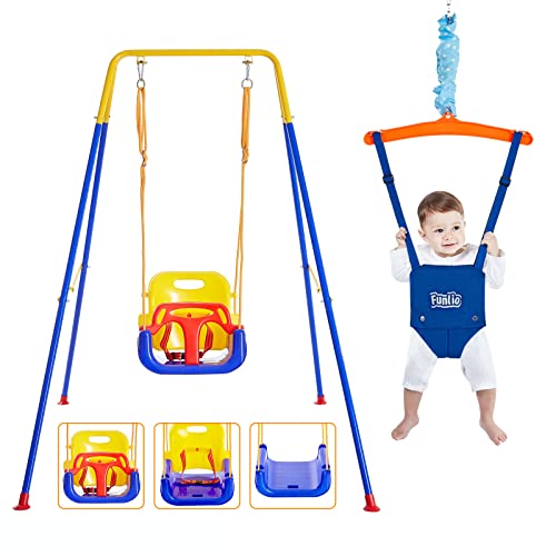 FUNLIO Juego de columpio 2 en 1 para niños pequeños y bebés, columpio y gorila para niños resistentes con 4 bolsas de arena, soporte de metal plegable para jugar en interiores y exteriores, fácil de montar y almacenar