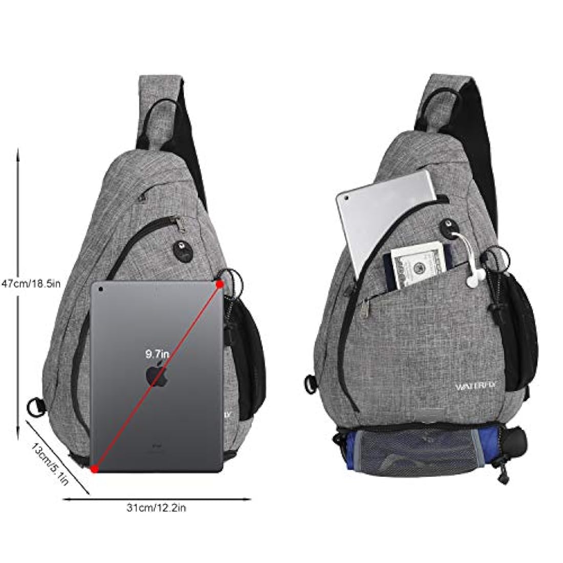 Bolso bandolero unisex de lona color gris y negro. WATERFLY