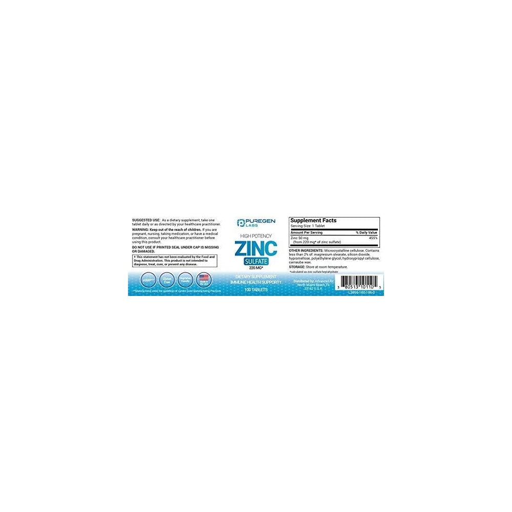 Suplementos Zinc 220mg alta potencia Sulfato de zinc 100 un
