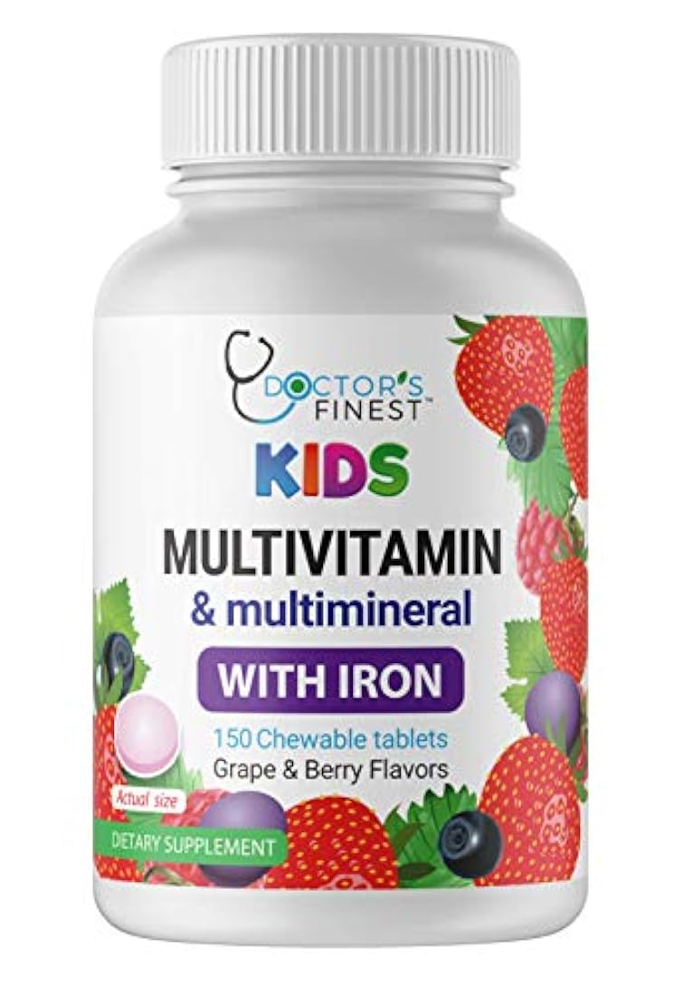 Doctors Finest Multivitamin & Multimineral w/Iron Chewables for Kids - Vegetarian - GMO Free & Gluten Free - Great Tasting Grape & Berry Flavors Pectin Chews w/Vitamins A, B, C, D & E - 150 Count