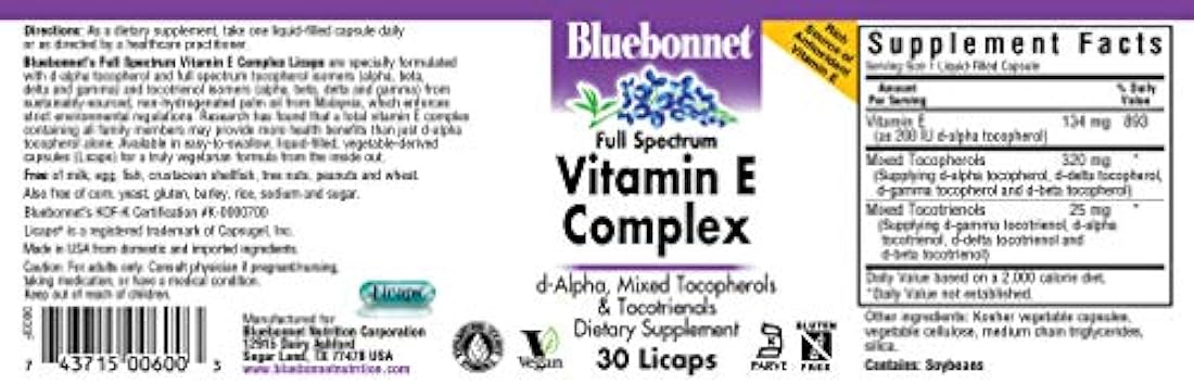 BlueBonnet Cápsulas líquidas complejas de vitamina E natural de espectro completo, 743715006003, 1