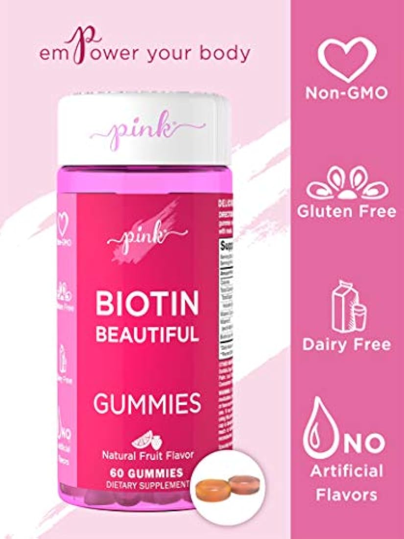 Biotina rosa hermosa para mujer | 60 gomitas de sabor a frutas naturales | Mezcla de ingredientes embelleciendo sin OMG y sin gluten | Creada por mujeres para mujeres