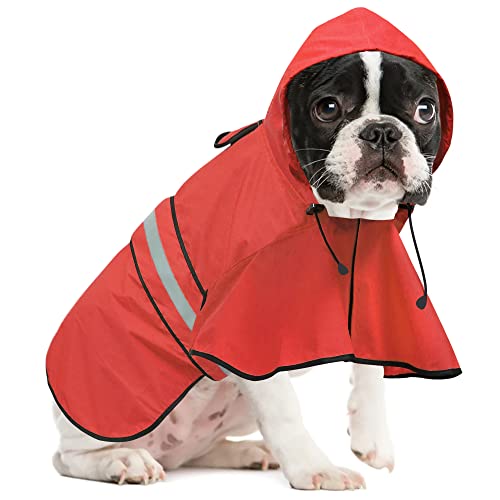 Ezierfy Impermeable reflectante impermeable para perros, chaqueta ajustable para mascotas, poncho ligero con capucha para perros pequeños a X, grandes y cachorros (rojo, S)