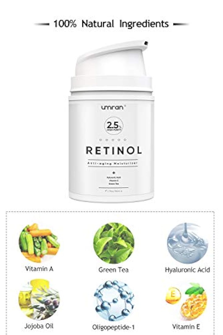 Crema de retinol premium UMRAN, crema hidratante antienvejecimiento 2,5% para el cuidado facial y ocular, esencia antiarrugas con ácido hialurónico, crema de día y noche, vitamina E y té verde, 1.7 fl oz, 1.7 fl.Oz