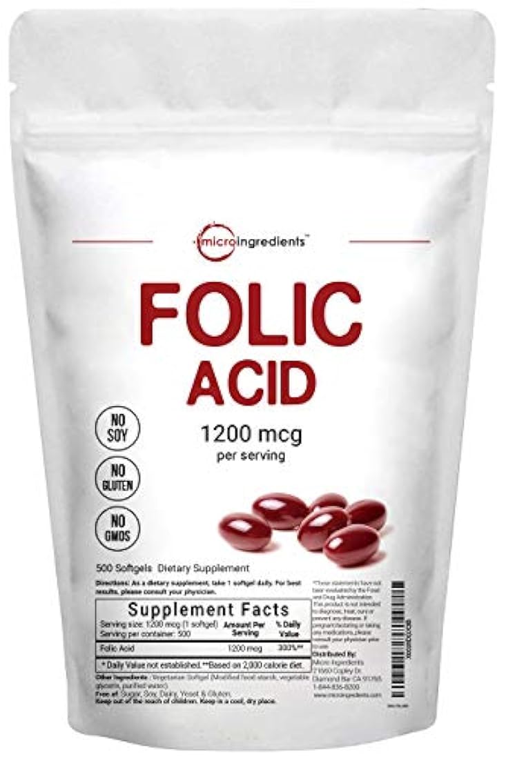 Micro Ingredientes Ácido fólico 1200mcg, 500 cápsulas blandas, Vitamina de Ácido fólico Premium, Apoya la Salud del Corazón y el Desarrollo Prenatal, sin OMG y sin gluten