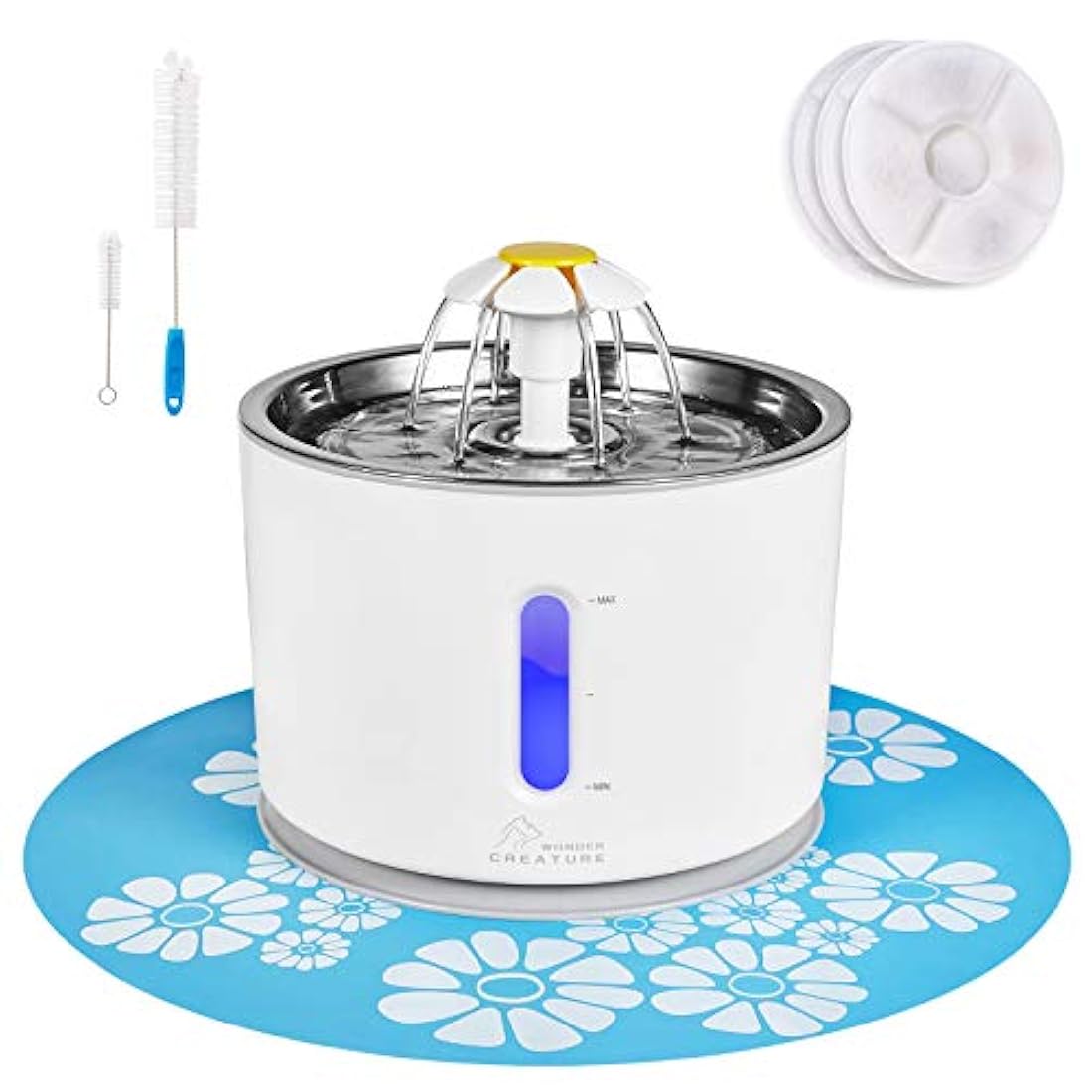 Fuente de agua de gato de acero inoxidable, 81oz/2.4L, bomba inteligente con indicador LED para alerta de escasez de agua, ventana de nivel de agua