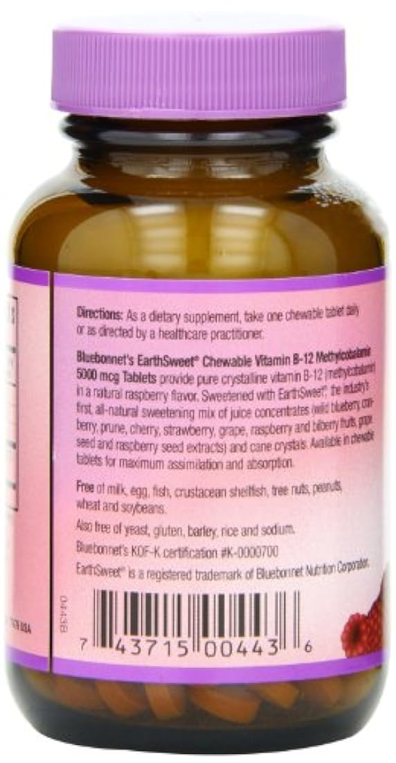 Vitamina B-12 5000 mcg de Bluebonnet 60 tabletas masticables