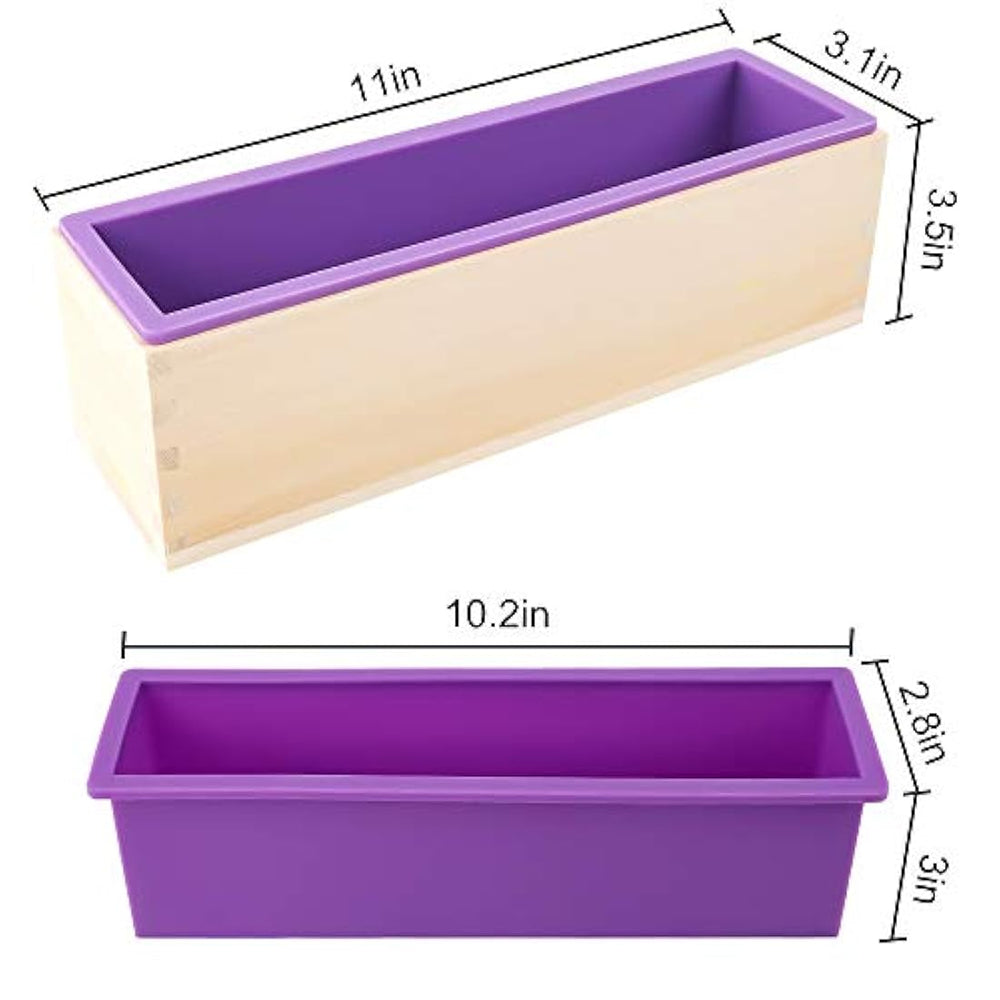 YGEOMER - Juego de 2 moldes rectangulares de silicona para hacer jabón, con cajas de madera, 2 cortadores y 100 bolsas de 3.9 x 5.9 in
