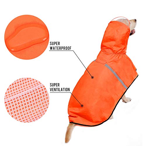 Impermeable para perros con correa ajustable para el vientre y agujero para correa, sudadera con capucha con tira reflectante, impermeable, ligero, transpirable, poncho de lluvia para perros medianos y grandes, fácil de usar, naranja, 3XL