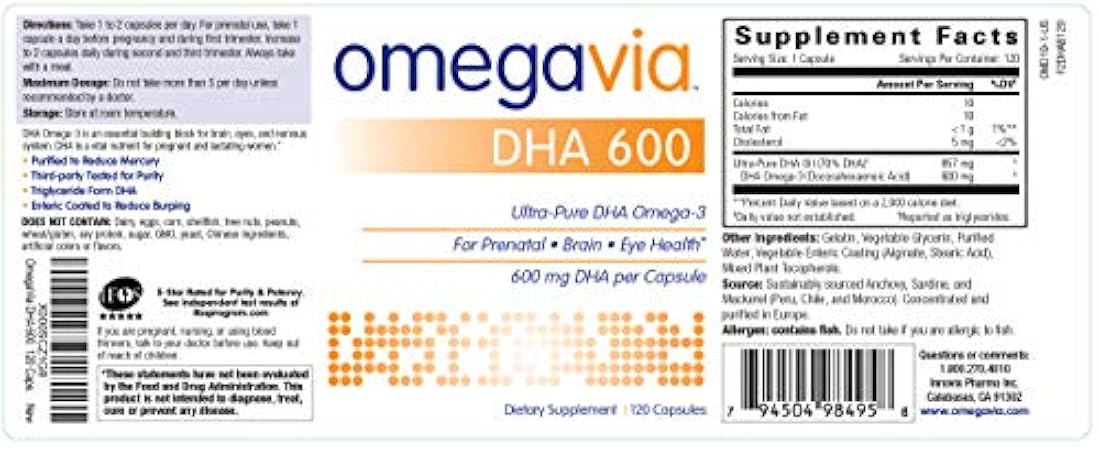 OmegaVia DHA 600 mg Omega-3 Aceite de pescado, 120 cápsulas