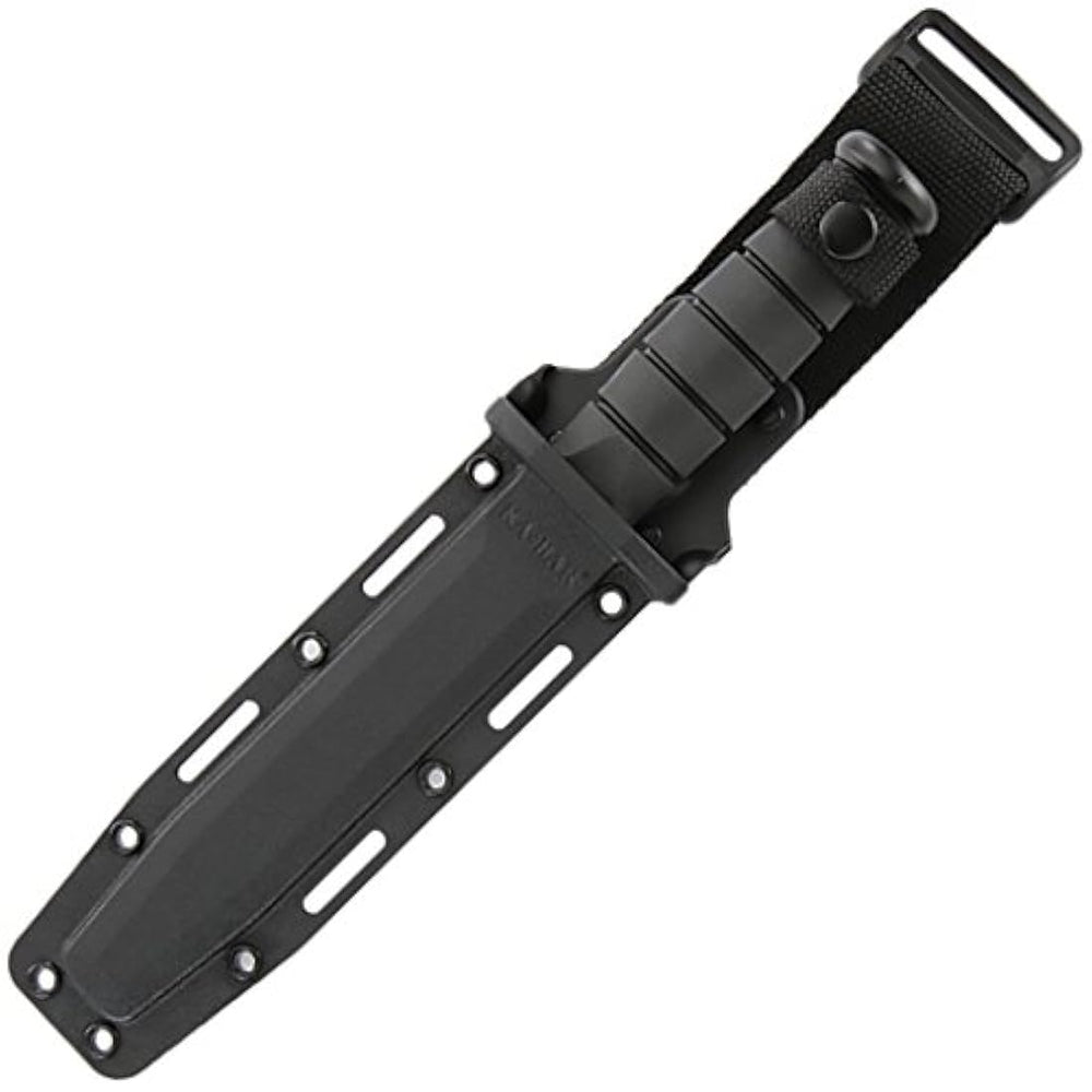 KA-BAR, cuchillo de pelea / usos varios, dentado con punta filosa y con vaina resistente, color negro