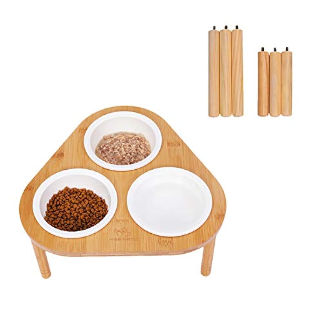 Miss Meow – Cuencos elevados para perros con soporte alimentador, soporte elevado de bambú con 3 cuencos de cerámica y acero inoxidable, antideslizante y pies extraíbles.