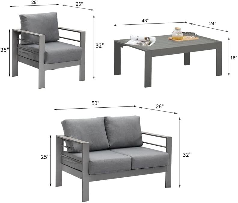 Solaste Juego de muebles de aluminio para exteriores, 4 piezas, sofá seccional de conversación con mesa, color gris