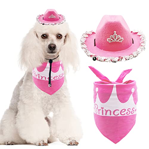 PET SHOW Juego de 2 sombreros de vaquero para perros pequeños, con bandana, con bandana, con diseño de vaca y niña, bandana para perro, disfraz de vaquero occidental, accesorios para cachorros medianos, gatos, conejos, cumpleaños, fiesta, uso diario