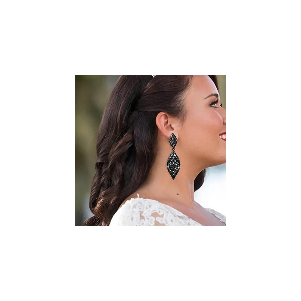 Aretes colgantes de 2 hojas con cristales negro claro