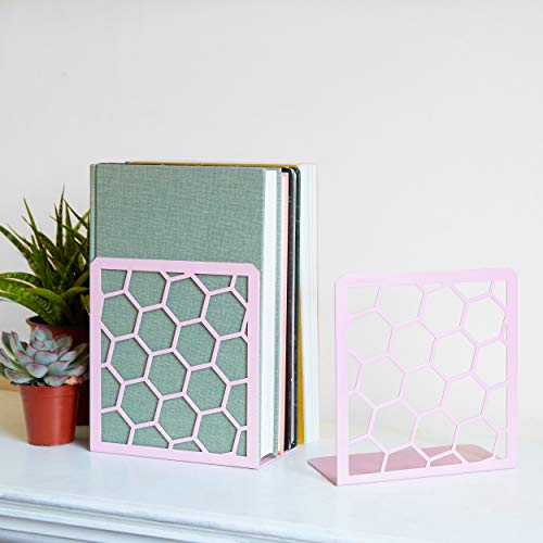 Sujetalibros de metal con forma de panal geométrica (rosa, 1 par)