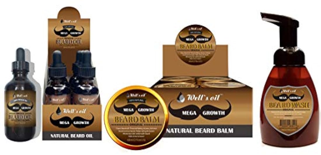 Aceite de barba de Well's de 1.0 fl oz, aceite de barba de crecimiento Mega, ingredientes 100% naturales, regalo perfecto para hombres, limpia el barro, evita el descamación, la sequedad y la picazón.