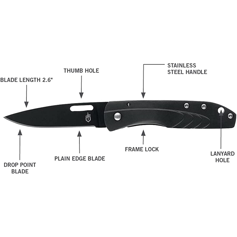 Cuchillo plegable de caza negro en la hoja como en el mango