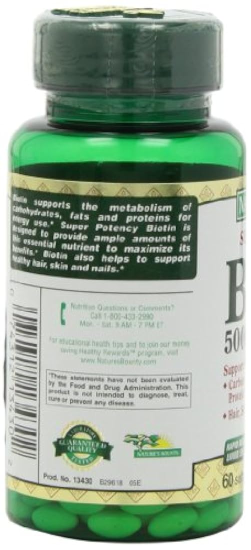 Nature 's Bounty, biotina de súper potencia, 5000 mcg, 72 unidades (60 + 12 bonos), 13430, paquete de de 2, Con, 2