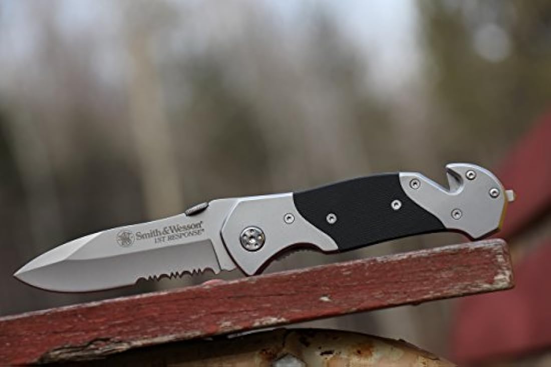 cuchillo plegable con traba, hoja parcialmente dentado