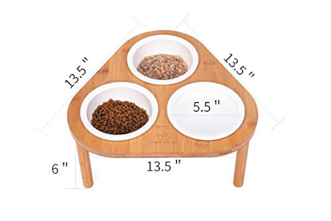 Miss Meow – Cuencos elevados para perros con soporte alimentador, soporte elevado de bambú con 3 cuencos de cerámica y acero inoxidable, antideslizante y pies extraíbles.