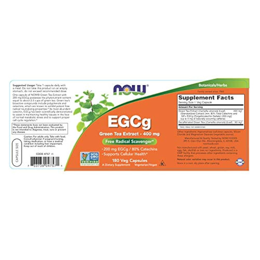 NOW Foods EGCg Extracto de té verde 400mg, 4757, 1