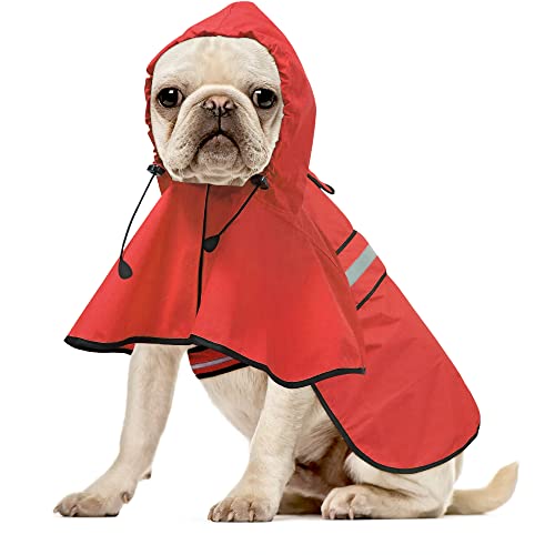 Ezierfy Impermeable reflectante impermeable para perros, chaqueta ajustable para mascotas, poncho ligero con capucha para perros pequeños a X, grandes y cachorros (rojo, S)