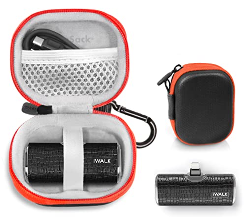 CaseSack iWALK Mini cargador portátil para iPhone compacto con 4500mAh, 9000mAh, con bolsillo de malla para cable o cargador inalámbrico iPhone (negro con cremallera naranja)