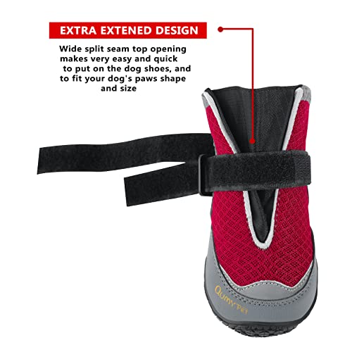 QUMY - 2 botas para perros para caminar en el pavimento caliente en el verano; botas resitentes al calor con malla respirable, antideslizantes y con líneas reflectantes (color rojo, talla 2)