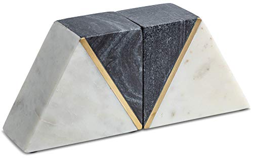 Cork & Mill Sujetalibros de mármol, juego de 2 tapones decorativos pesados con parte inferior antideslizante, decoración hecha a mano de mármol sólido (blanco/gris + latón)