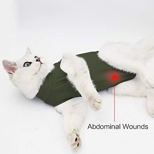 TRAJE de recuperación de cirugía de heridas de gato para heridas abdominales o enfermedades de la piel, uso después de la cirugía, traje de pijama, alternativa de cuello E para gatos (S, verde militar)