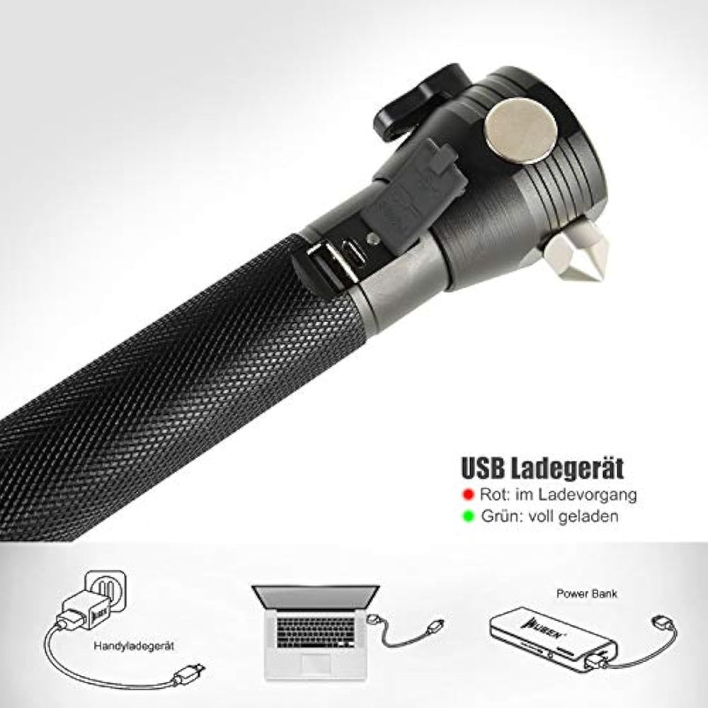 Linterna táctica Otdair LED con energía solar, linterna ultrabrillante, martillo de seguridad, táctica de alto lumen, recargable por USB, 5 modos para exteriores, camping, senderismo