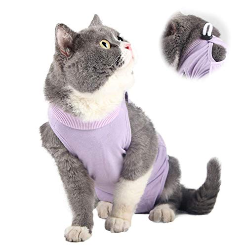 Traje de recuperación profesional para gatos para heridas abdominales y enfermedades de la piel, alternativa de cuello electrónico para gatos y perros, después de la cirugía, antilamer y recomendado por veterinarios (morado, L