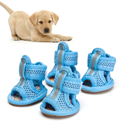 Hemobllo Zapatos de verano para perro, zapatos de malla transpirables para perro, sandalias antideslizantes para mascotas, protectores de patas de perro, para mascotas, perros pequeños, gatos, cachorros (4 unidades, azul) - Talla 1