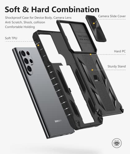 Funda para Samsung Galaxy S22 Ultra: protección de grado militar a prueba de caídas, resistente funda protectora S22 Note 5G con soporte integrado y deslizante, diseño de parachoques texturizado mate de TPU a prueba de golpes, color negro