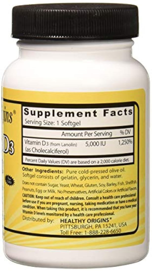 Healthy Origins Vitamina D3 5, 000 geles de lulanolina, 120 unidades