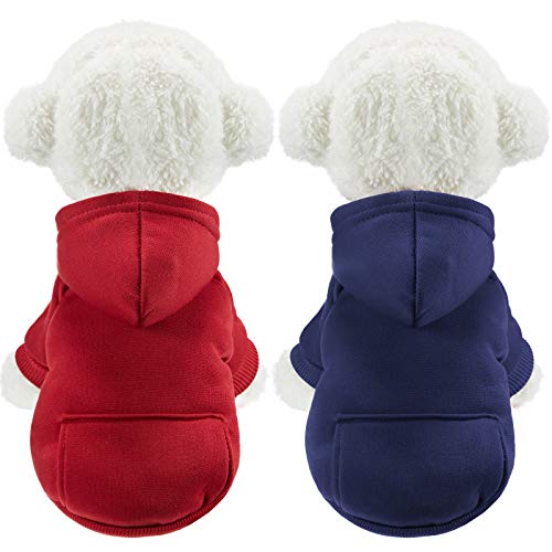 2 piezas con capucha de invierno para perros pequeños, sudaderas cálidas con bolsillo de algodón para perros, ropa para cachorros, disfraz de cachorro (azul oscuro, rojo vino, S)