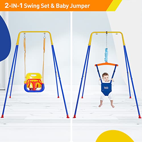 FUNLIO Juego de columpio 2 en 1 para niños pequeños y bebés, columpio y gorila para niños resistentes con 4 bolsas de arena, soporte de metal plegable para jugar en interiores y exteriores, fácil de montar y almacenar