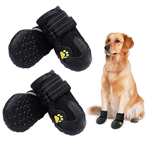 PK.ZTopia botas impermeables para perro, botas de lluvia para perros, zapatos para perro para exteriores, para perros medianos a grandes, con dos tiras de sujeción reflectantes y suela antideslizante resistente, color negro, 4 unidades