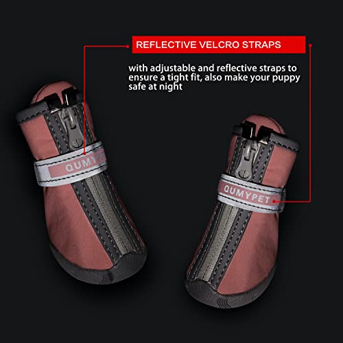 QUMY - Botas para perros pequeños y cachorros, impermeables, para la nieve del invierno, con franja reflectante, suaves y cómodas, con suela de goma antideslizante, color rosa, 4 unidades