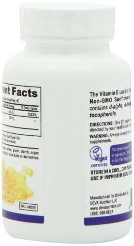 Deva Vegan Vitamins Vitamina E natural 400iu con tocoferoles mixtos, 90 unidades