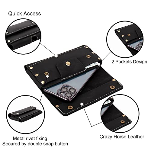 Topstache Funda de cuero para teléfono con cinta para cinturón, dos bolsillos, funda para teléfono celular, tarjetero de cuero, cartera para dinero en efectivo y teléfono, soporte para teléfono para iPhone 13 Pro Max, 13 Pro, color negro