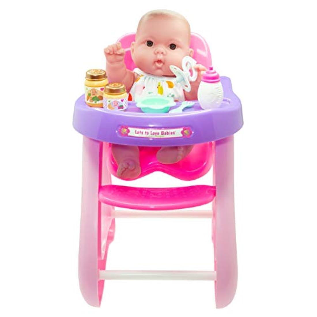 Muñeco de bebé con silla alta y accesorios para bebés