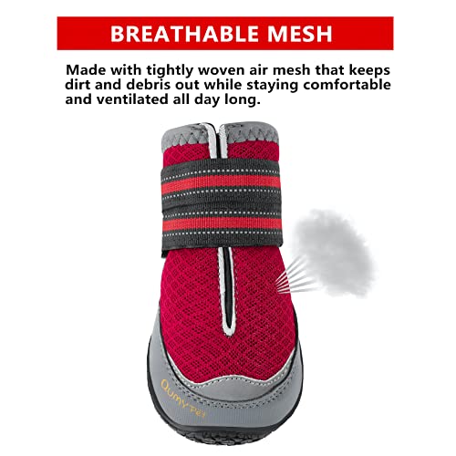 QUMY - 2 botas para perros para caminar en el pavimento caliente en el verano; botas resitentes al calor con malla respirable, antideslizantes y con líneas reflectantes (color rojo, talla 2)