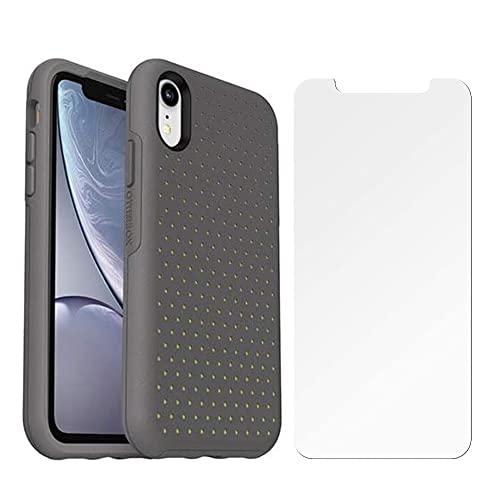 OtterBox Funda rígida ultra delgada con textura para iPhone XR (solo para protector de pantalla, paquete de paquetes, gris musgo piedra/puntos amarillos
