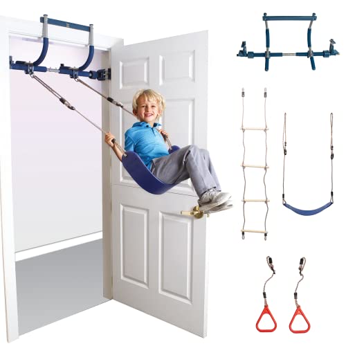 Gym1 - Juego de gimnasio de lujo para interiores para niños - Juego de gimnasio todo en uno - Cuatro formas de diversión: columpio azul para interiores, anillos de plástico, escalera de escalada y barra de dominadas